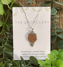 Load image into Gallery viewer, Stunning upcycled repurposed silver plated &amp; 1c coin pendant necklace made from vintage spoon
