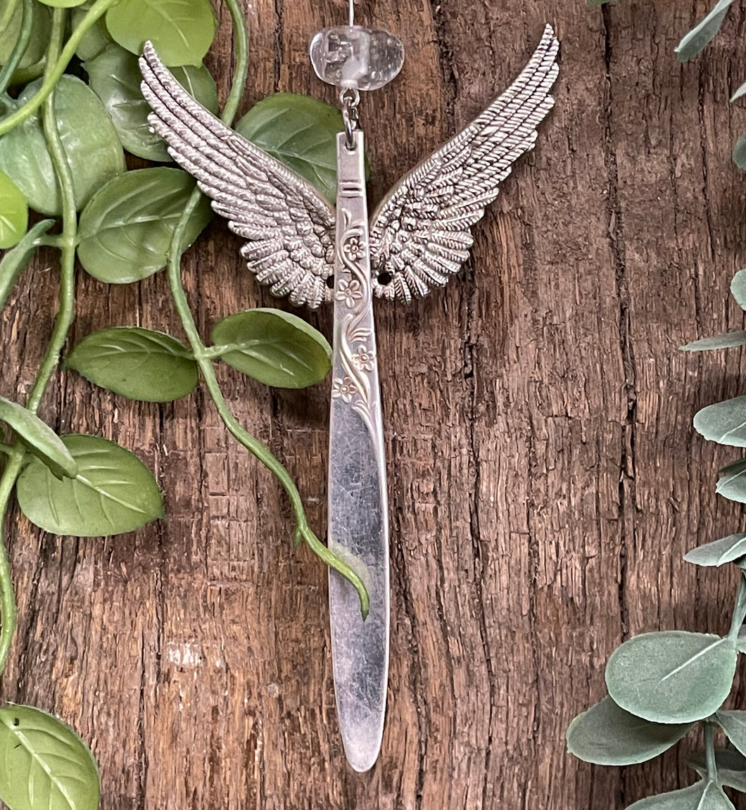 Beautiful guardian angel hanging ornament made from upcycled silver plated cutlery & pearl bead