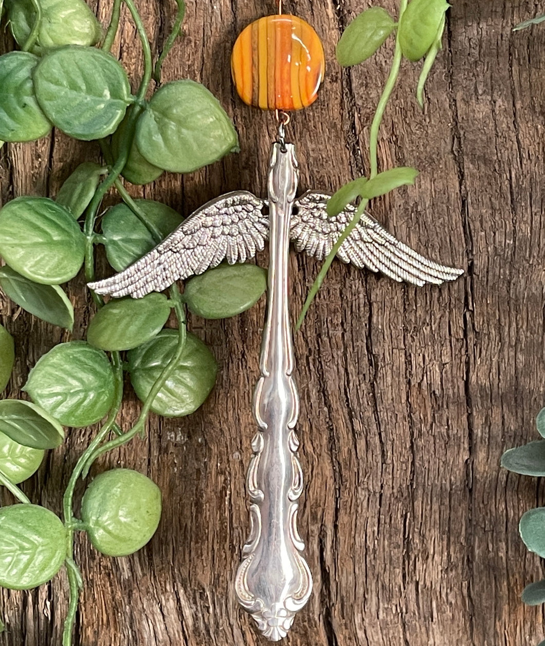 Beautiful guardian angel hanging ornament made from upcycled silver plated cutlery & pearl bead