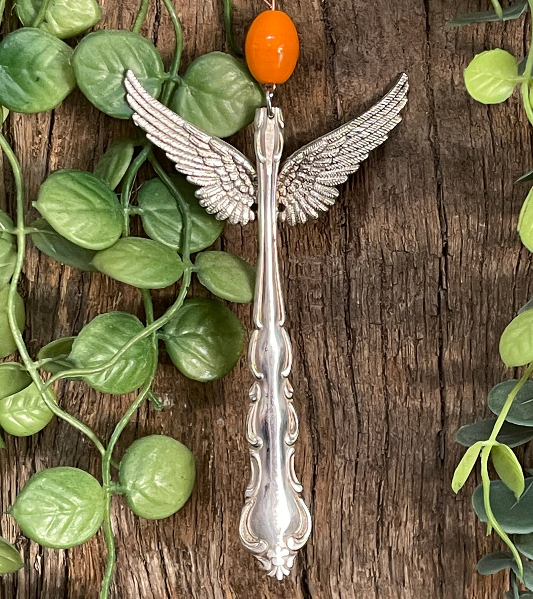 Beautiful guardian angel hanging ornament made from upcycled silver plated cutlery & pearl bead