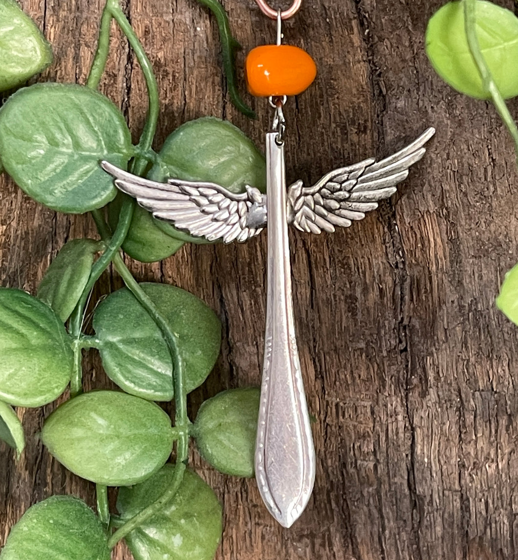 Beautiful guardian angel hanging ornament made from upcycled silver plated cutlery & pearl bead