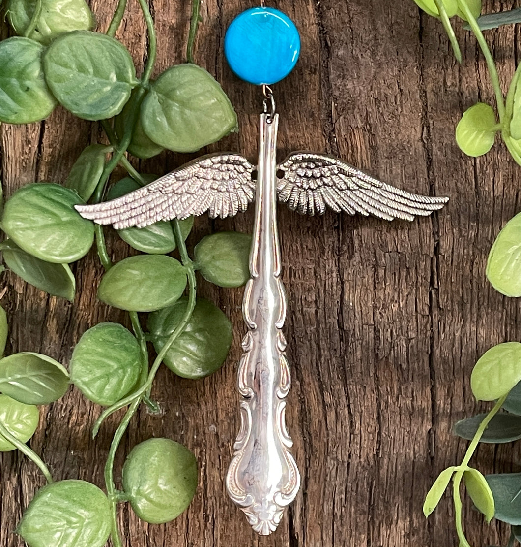 Beautiful guardian angel hanging ornament made from upcycled silver plated cutlery & pearl bead