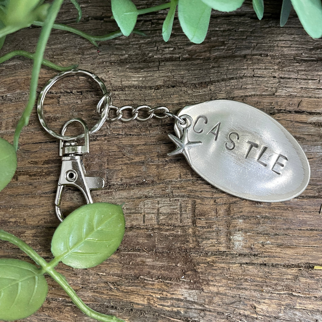 Upcycled repurposed silver plated CASTLE keys KEYRING made from vintage spoon