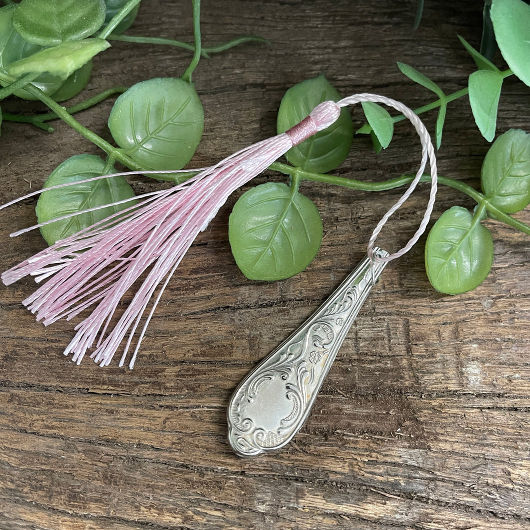 Gorgeous silver-plated bookmark with pastel pink tassel made from vintage cutlery