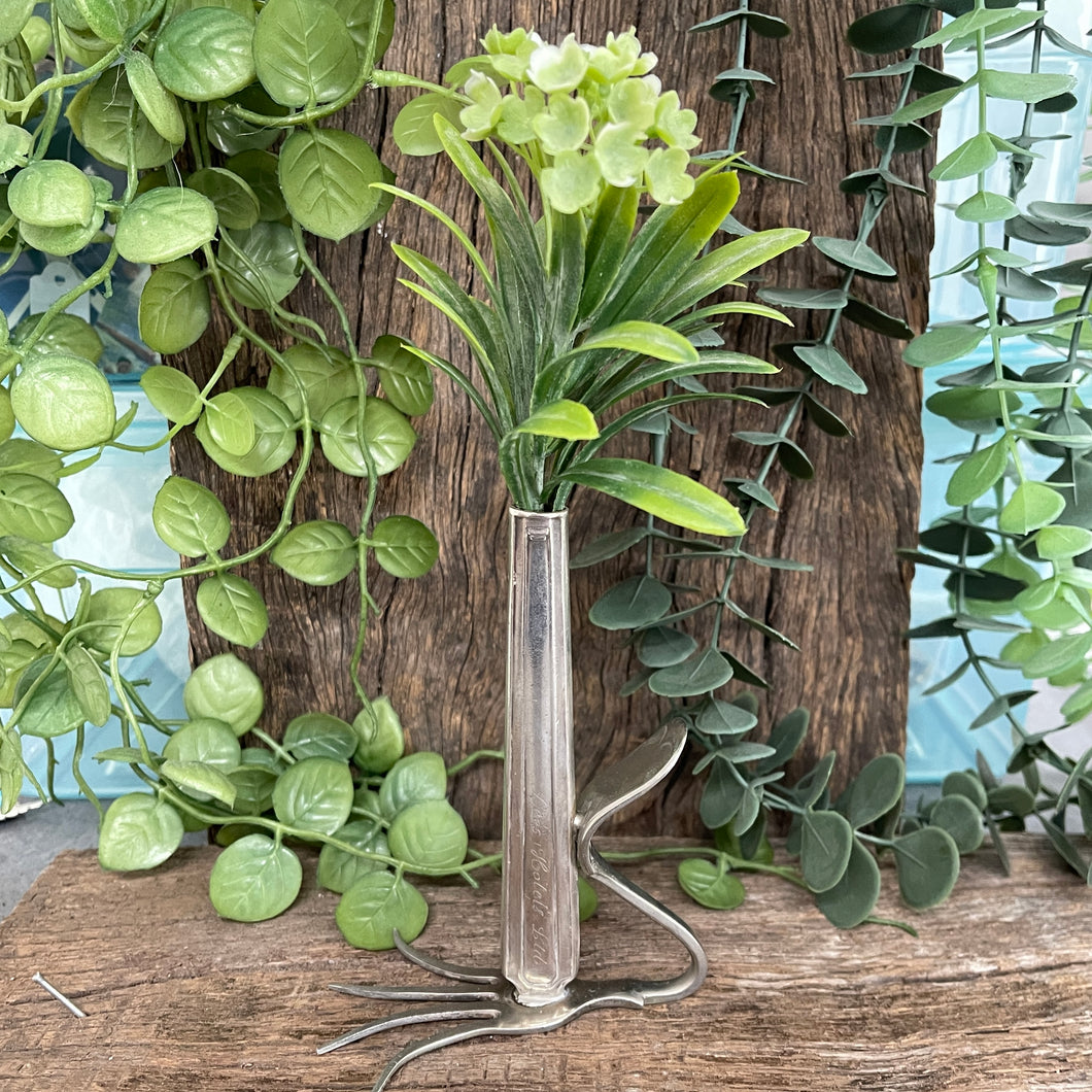 Beautiful upcycled silver plated steampunk style bud vase handmade from vintage cutlery