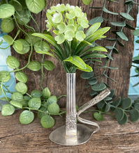 Load image into Gallery viewer, Beautiful upcycled silver plated steampunk style bud vase handmade from vintage cutlery
