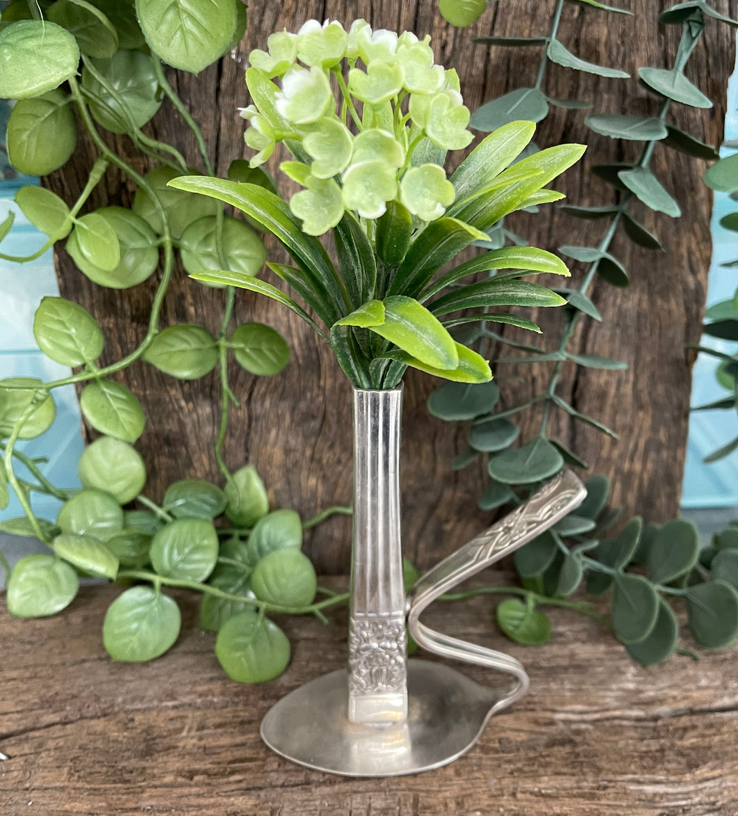 Beautiful upcycled silver plated steampunk style bud vase handmade from vintage cutlery