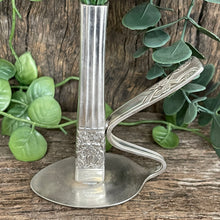 Load image into Gallery viewer, Beautiful upcycled silver plated steampunk style bud vase handmade from vintage cutlery
