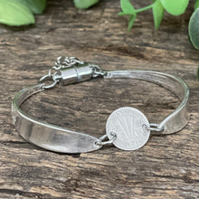 Load image into Gallery viewer, Upcycled pretty repurposed silver-plated apostle &amp; 1944 threepence coin bracelet made from vintage cutlery
