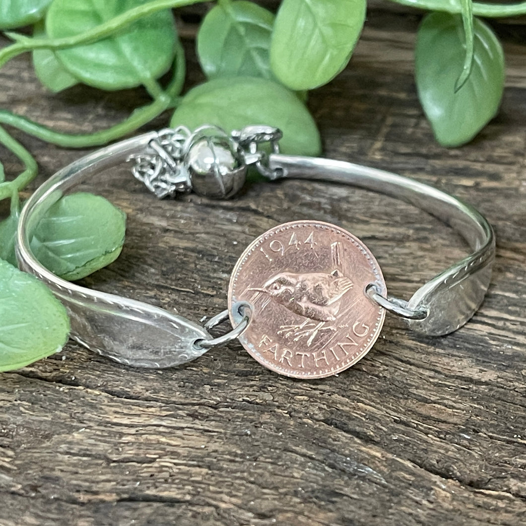 Upcycled pretty repurposed silver-plated & 1944 farthing coin bracelet made from vintage cutlery