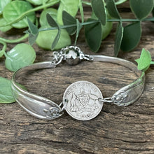 Load image into Gallery viewer, Upcycled pretty repurposed silver-plated 1960 sixpence coin bracelet made from vintage cutlery
