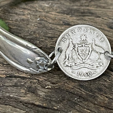 Load image into Gallery viewer, Upcycled pretty repurposed silver-plated 1960 sixpence coin bracelet made from vintage cutlery
