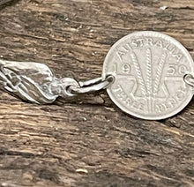 Load image into Gallery viewer, Upcycled pretty repurposed silver-plated apostle &amp; 1950 threepence coin bracelet made from vintage cutlery
