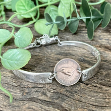 Load image into Gallery viewer, Upcycled pretty repurposed silver-plated &amp; 1940 farthing coin bracelet made from vintage cutlery
