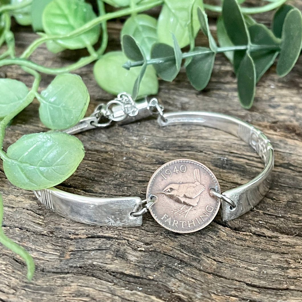 Upcycled pretty repurposed silver-plated & 1940 farthing coin bracelet made from vintage cutlery