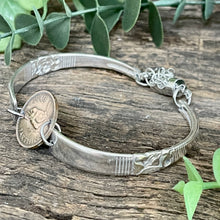 Load image into Gallery viewer, Upcycled pretty repurposed silver-plated &amp; 1940 farthing coin bracelet made from vintage cutlery
