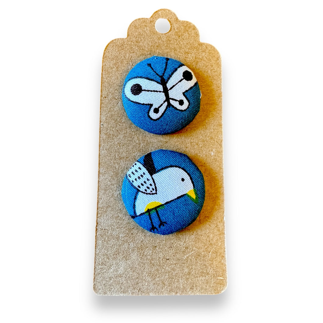 Upcycled fabric covered stud earrings with stainless steel posts - butterfly and bird