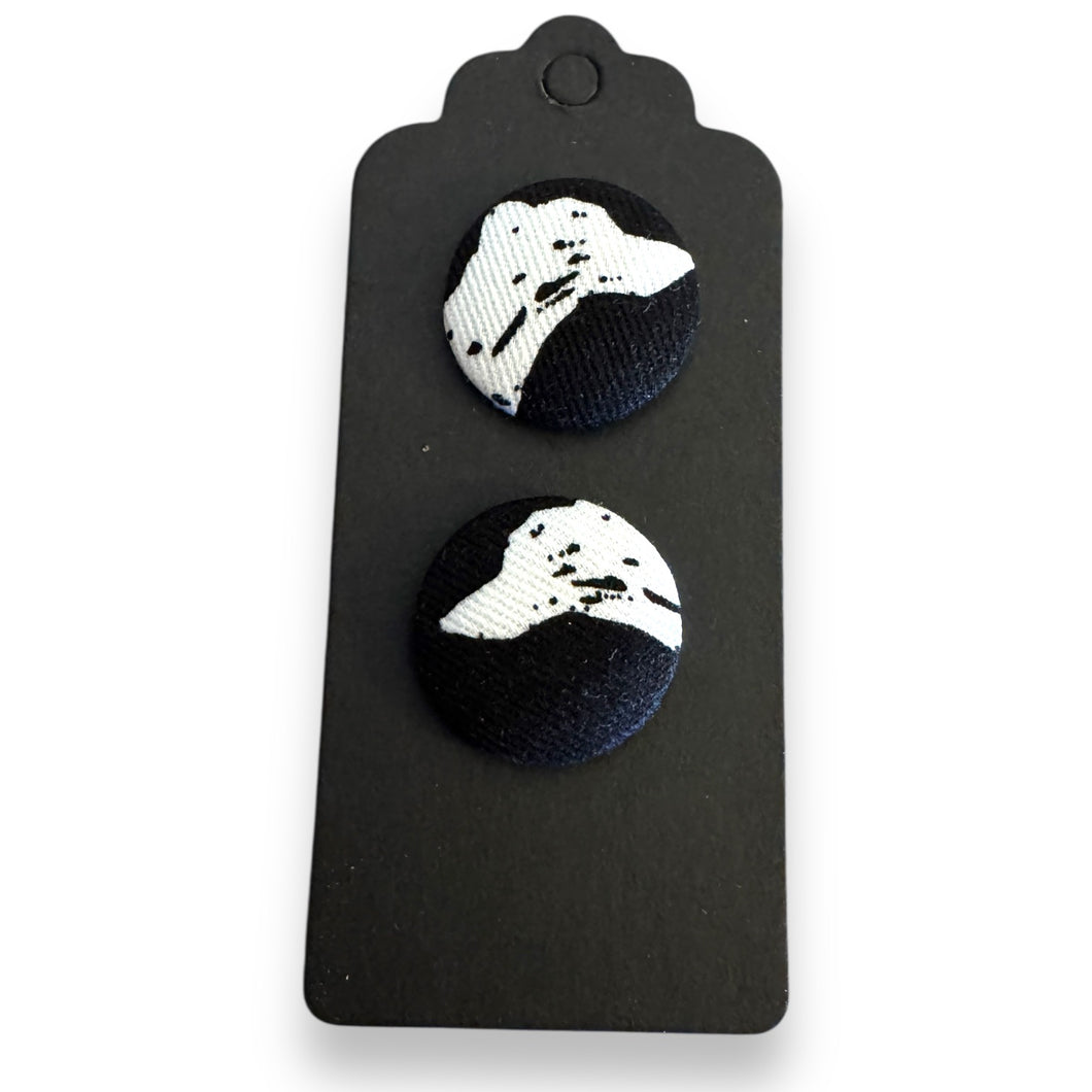 Upcycled fabric covered stud earrings with stainless steel posts - black & white hounds