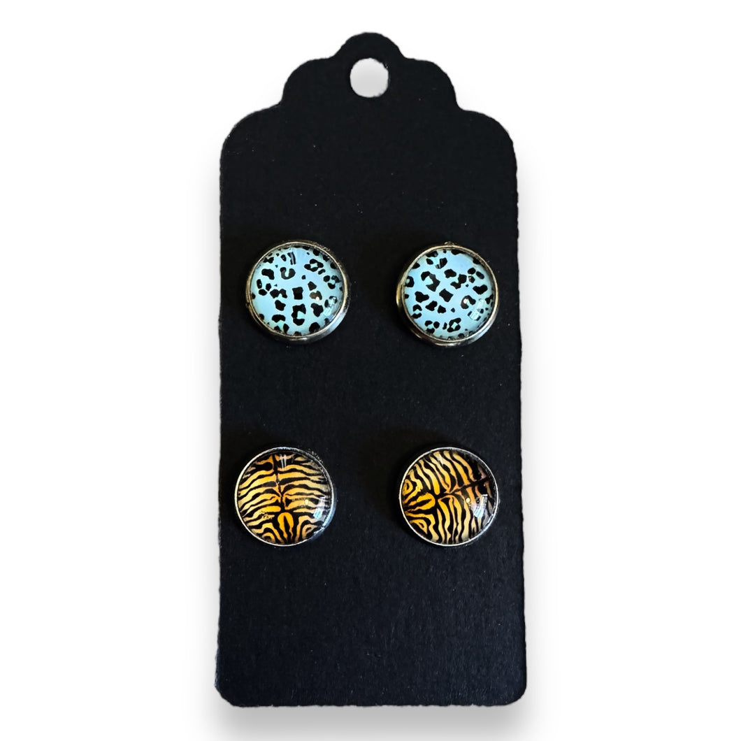 Upcycled two pairs of glass stud earrings with stainless steel posts - leopard & tiger print