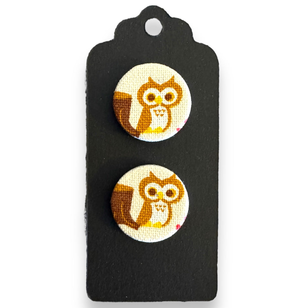 Upcycled fabric covered stud earrings with stainless steel posts - cute owls
