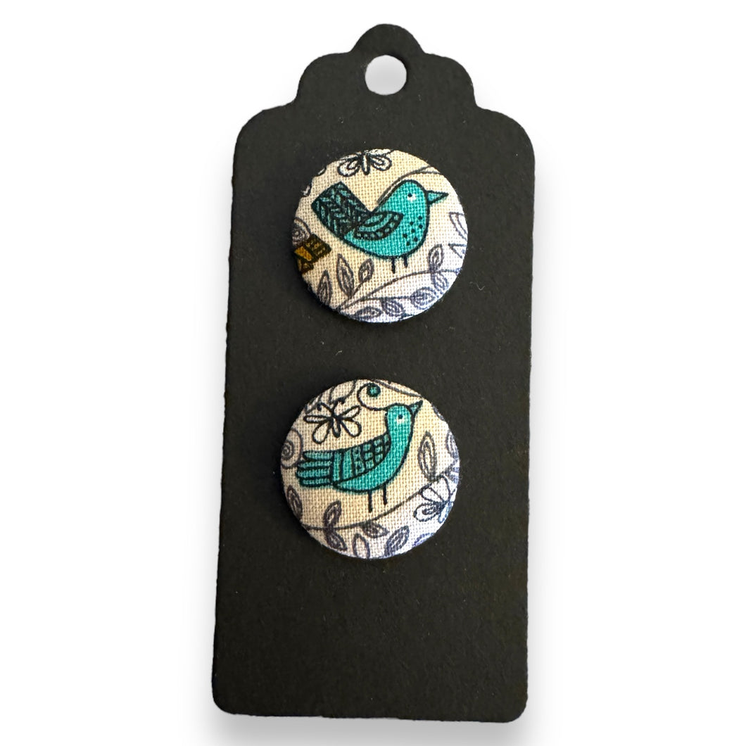 Upcycled fabric covered stud earrings with stainless steel posts - vintage blue birds