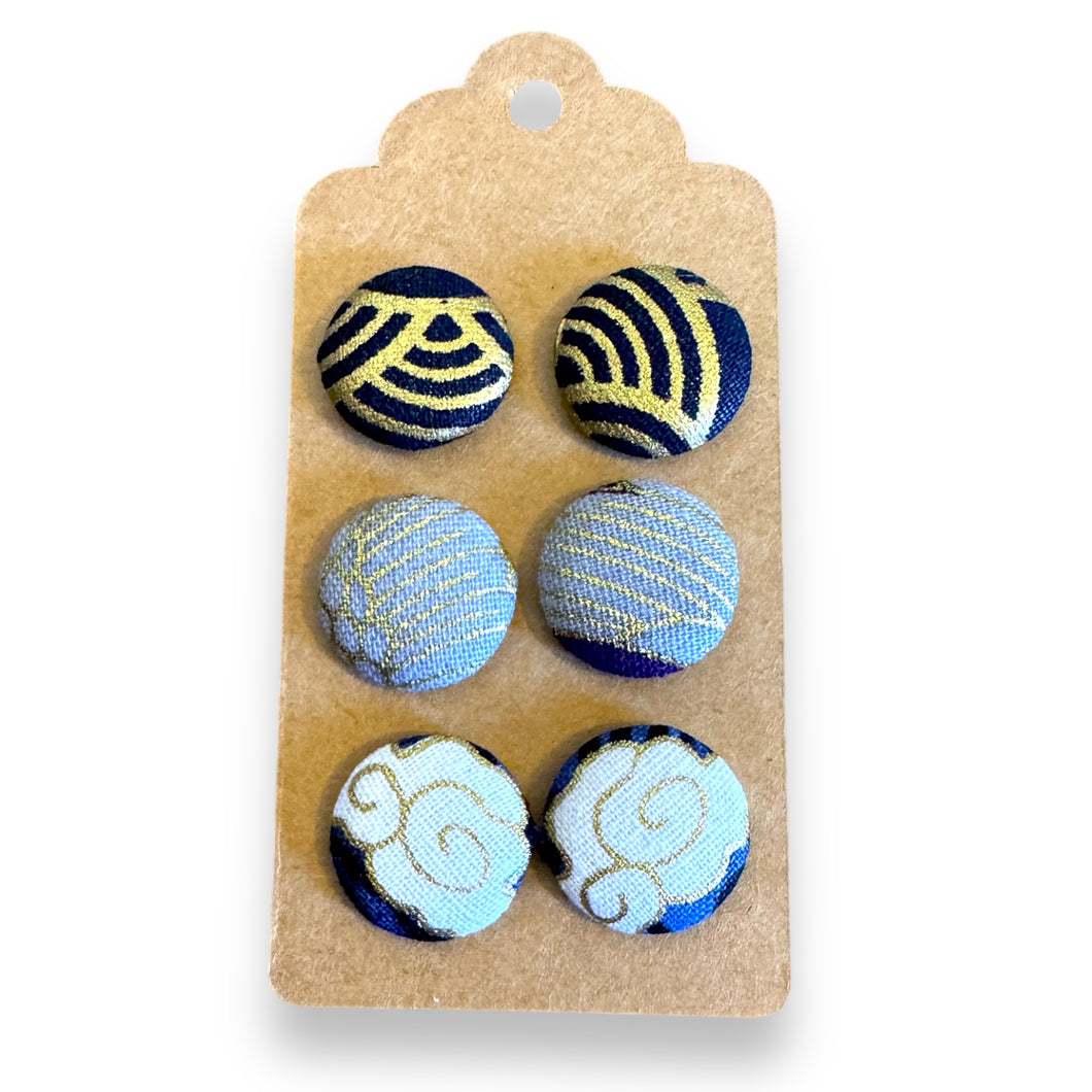 Upcycled fabric covered stud earrings with stainless steel posts - Set of 3 art deco