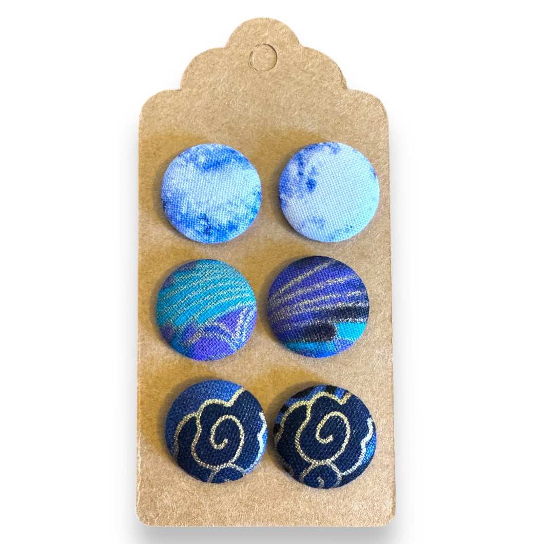 Upcycled fabric covered stud earrings with stainless steel posts - Set of 3 classy blues