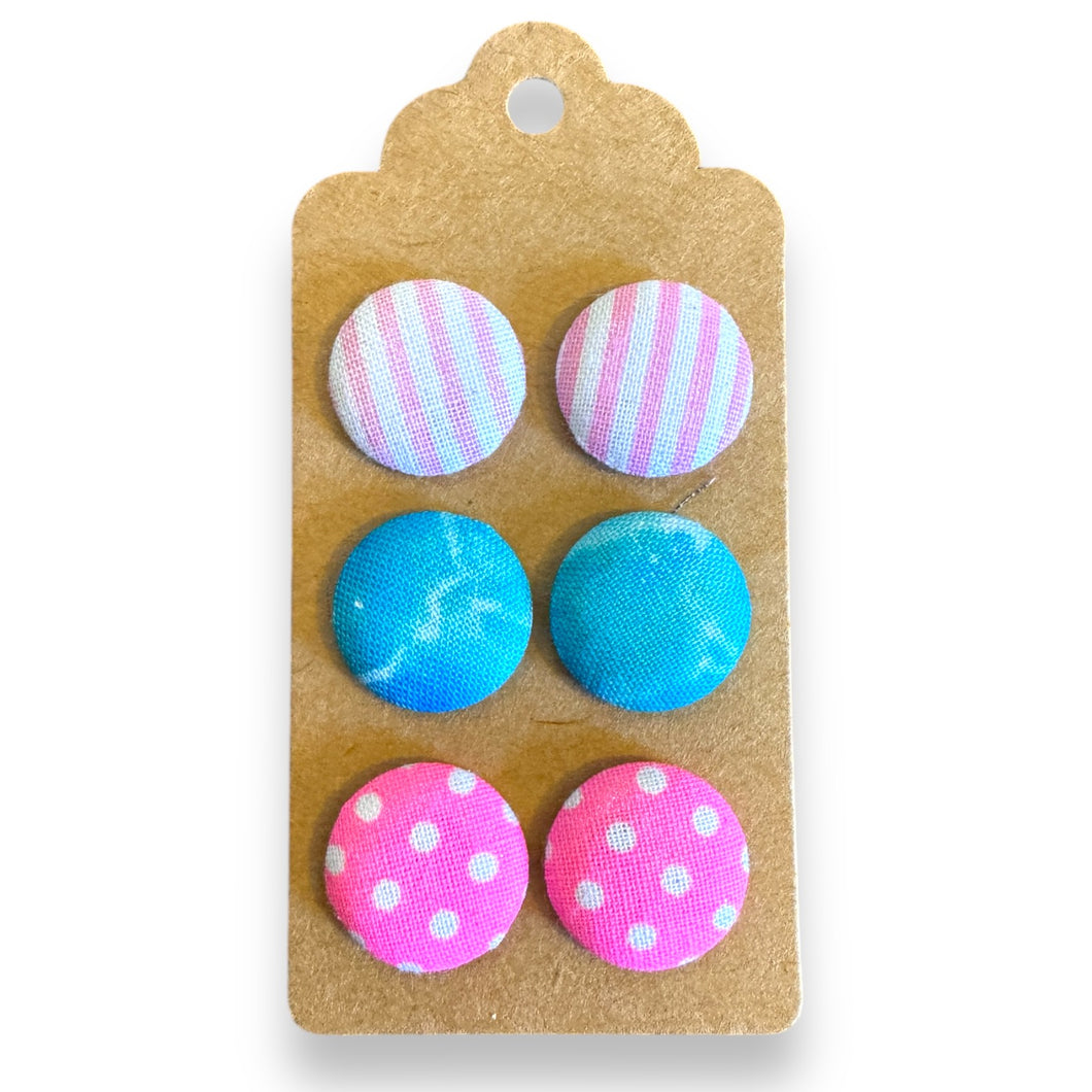 Upcycled fabric covered stud earrings with stainless steel posts - Set of 3 summer brights