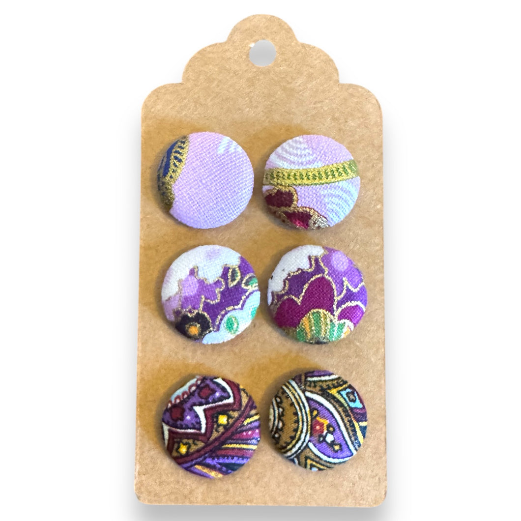 Upcycled fabric covered stud earrings with stainless steel posts - Set of 3 purple passion