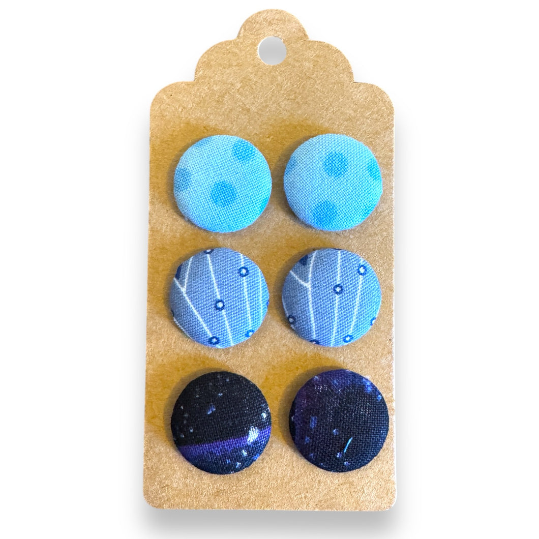 Upcycled fabric covered stud earrings with stainless steel posts - Set of 3 feeling blue