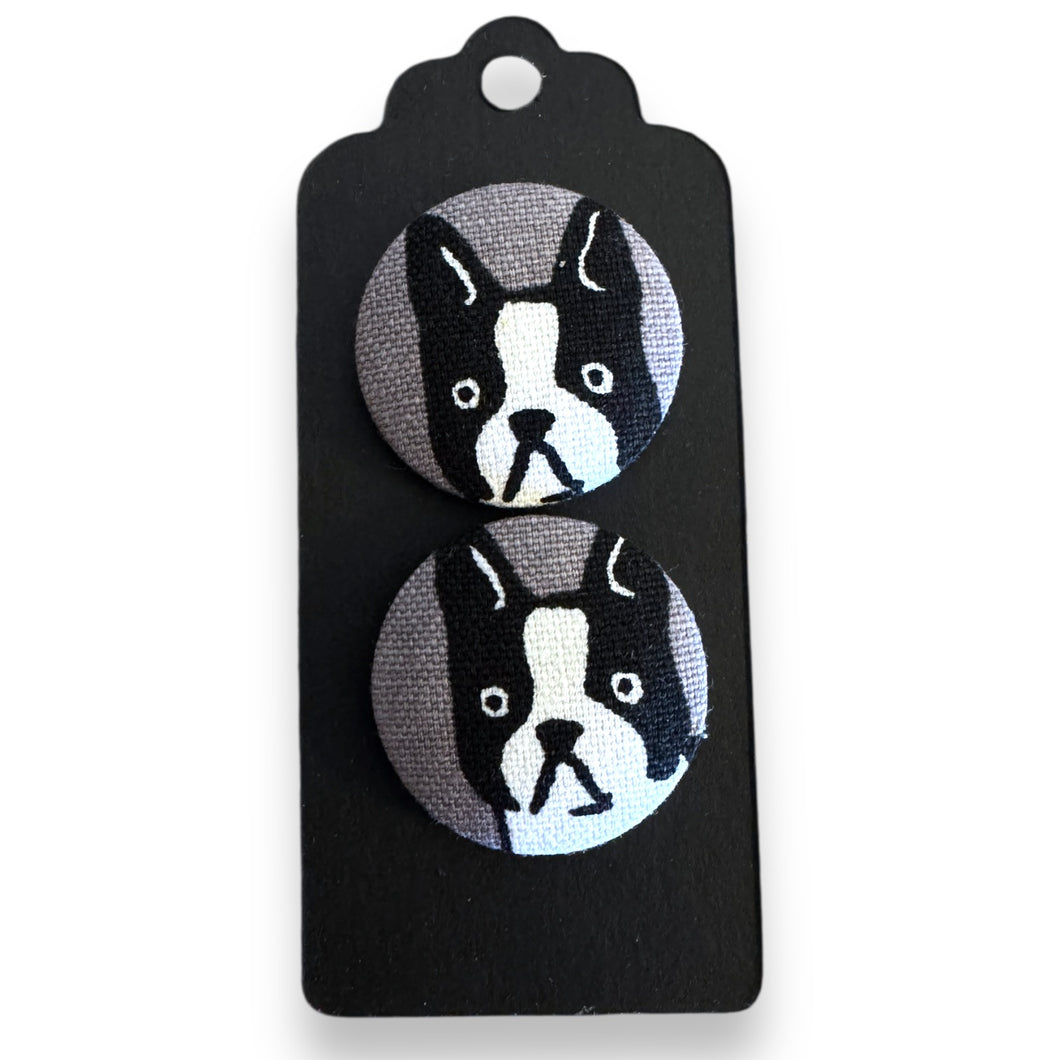 Upcycled fabric covered stud earrings with stainless steel posts - Boston terrier
