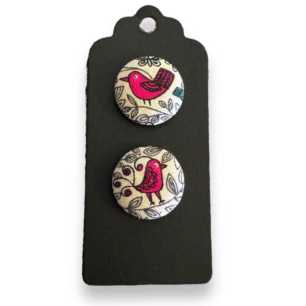 Upcycled fabric covered stud earrings with stainless steel posts - vintage pink birds