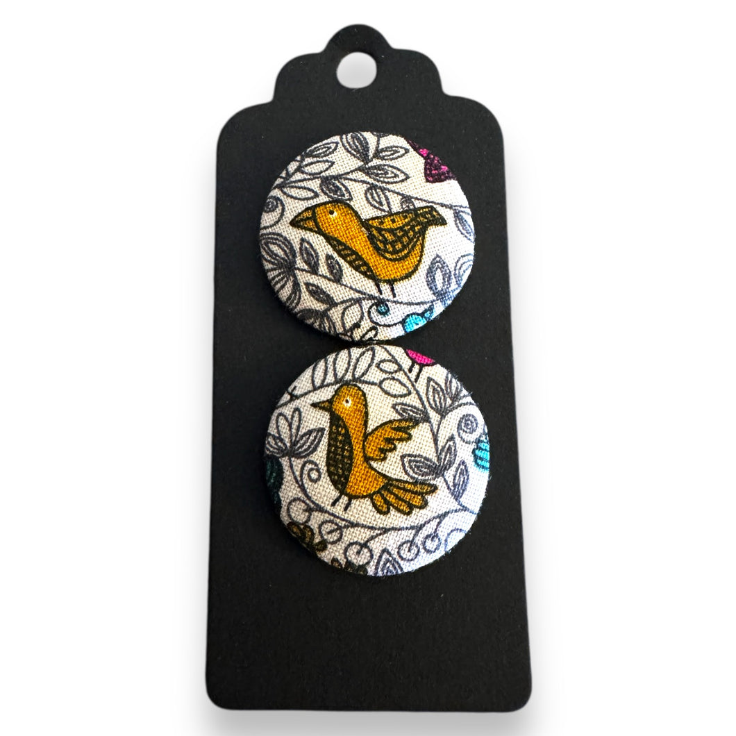 Upcycled fabric covered stud earrings with stainless steel posts - vintage yellow birds