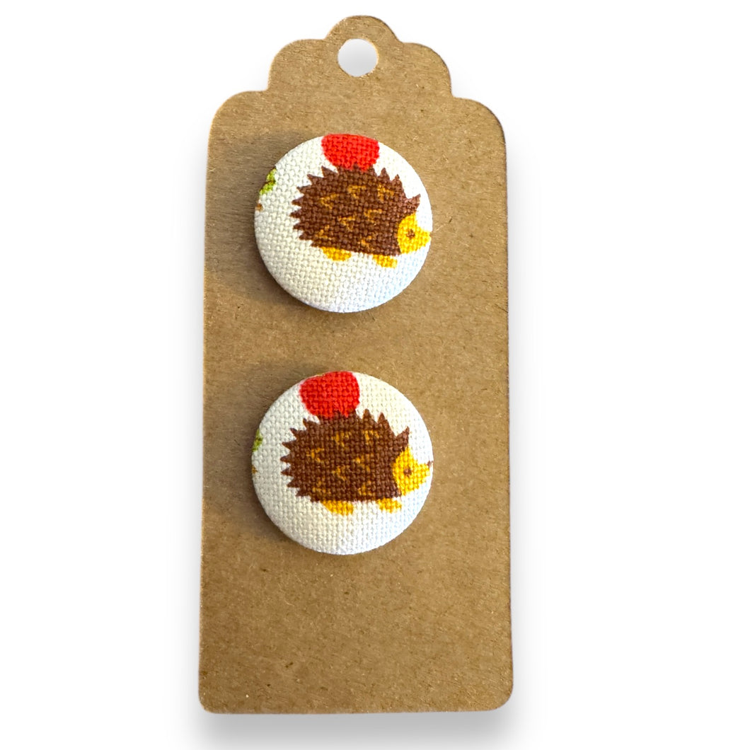 Upcycled fabric covered stud earrings with stainless steel posts - hedgehogs