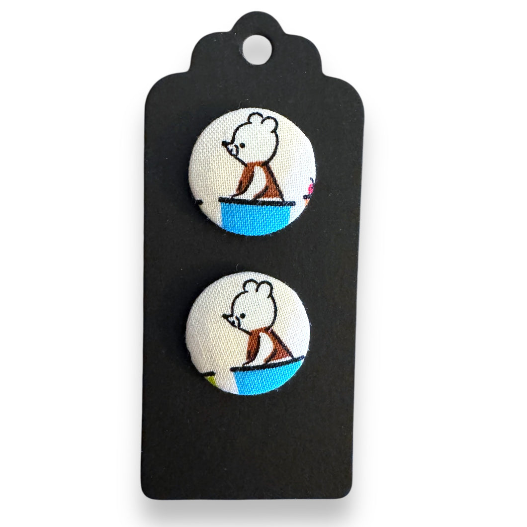 Upcycled fabric covered stud earrings with stainless steel posts - bear in boat