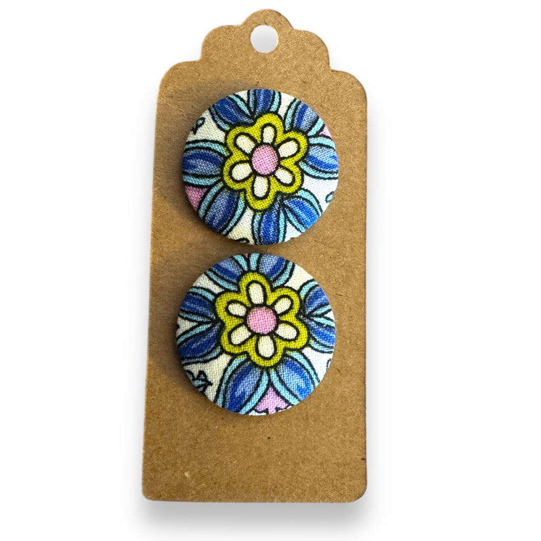 Upcycled fabric covered stud earrings with stainless steel posts - floral deco