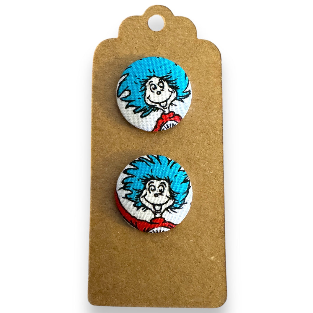 Upcycled fabric covered stud earrings with stainless steel posts - Thing 1 & 2