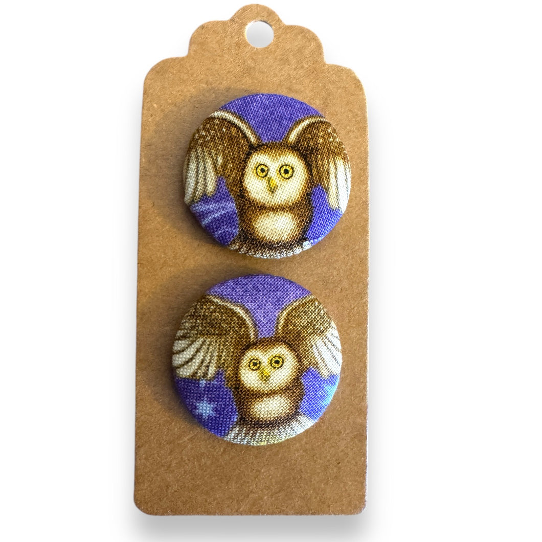 Upcycled fabric covered stud earrings with stainless steel posts - magic owls