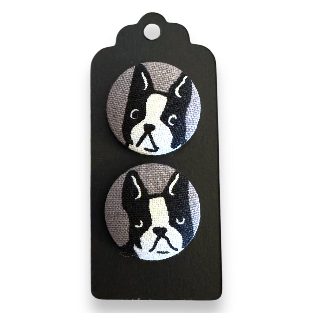 Upcycled fabric covered stud earrings with stainless steel posts - Boston Terriers