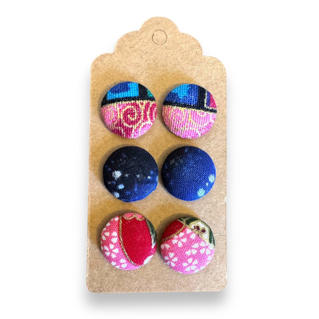 Upcycled fabric covered stud earrings with stainless steel posts - Set of 3 summer nights
