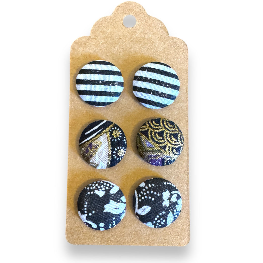 Upcycled fabric covered stud earrings with stainless steel posts - Set of 3 classy black
