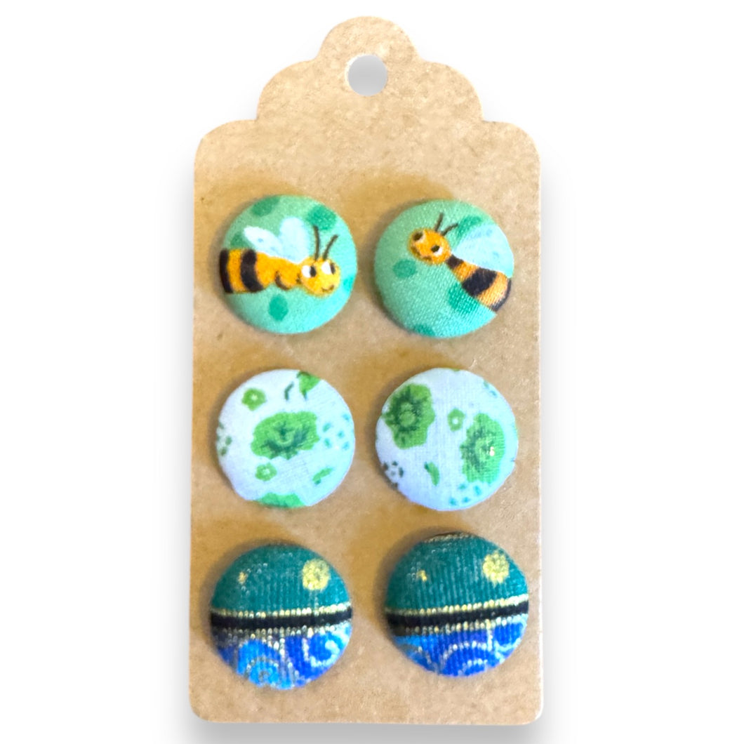 Upcycled fabric covered stud earrings with stainless steel posts - Set of 3 spring bees