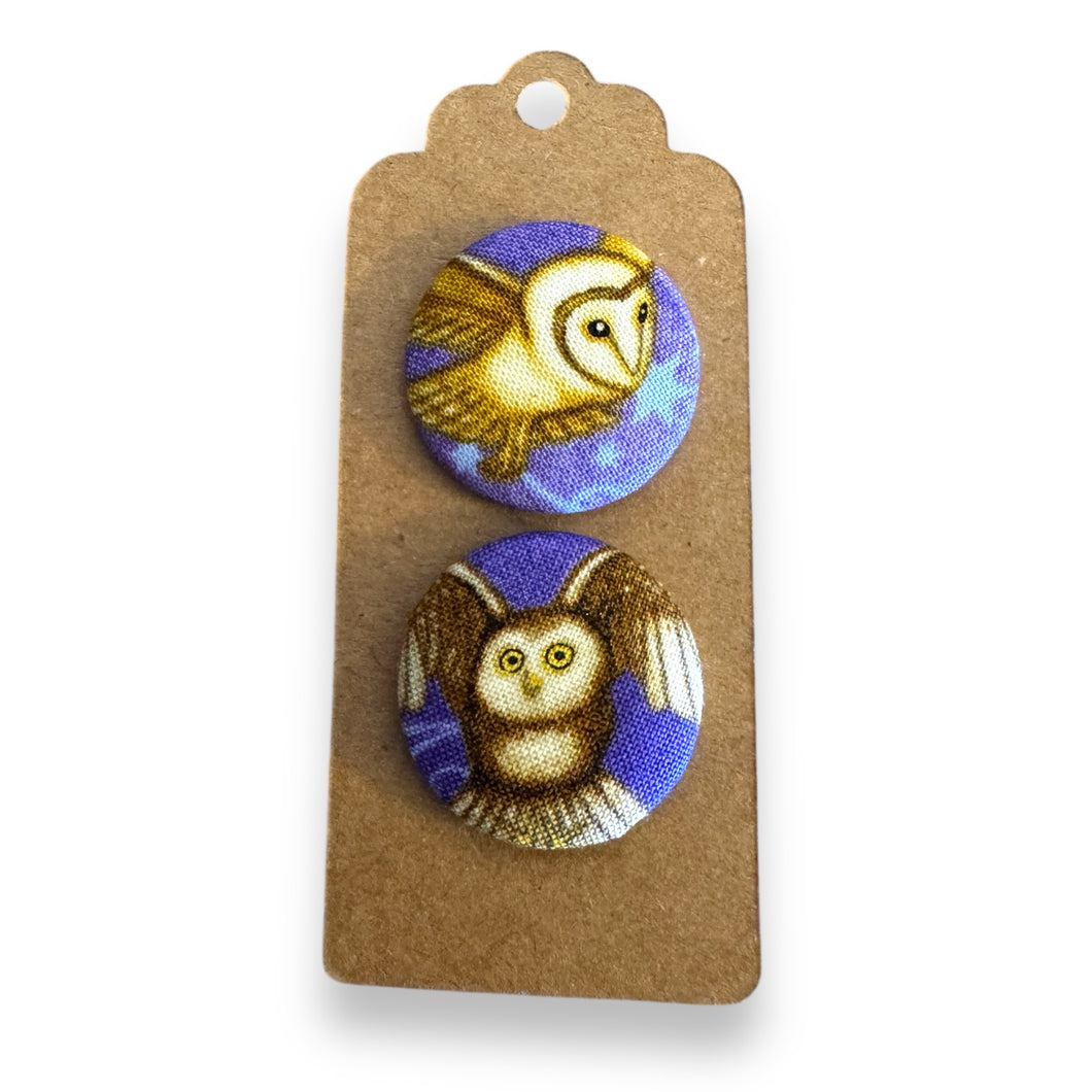 Upcycled fabric covered stud earrings with stainless steel posts - magic owls