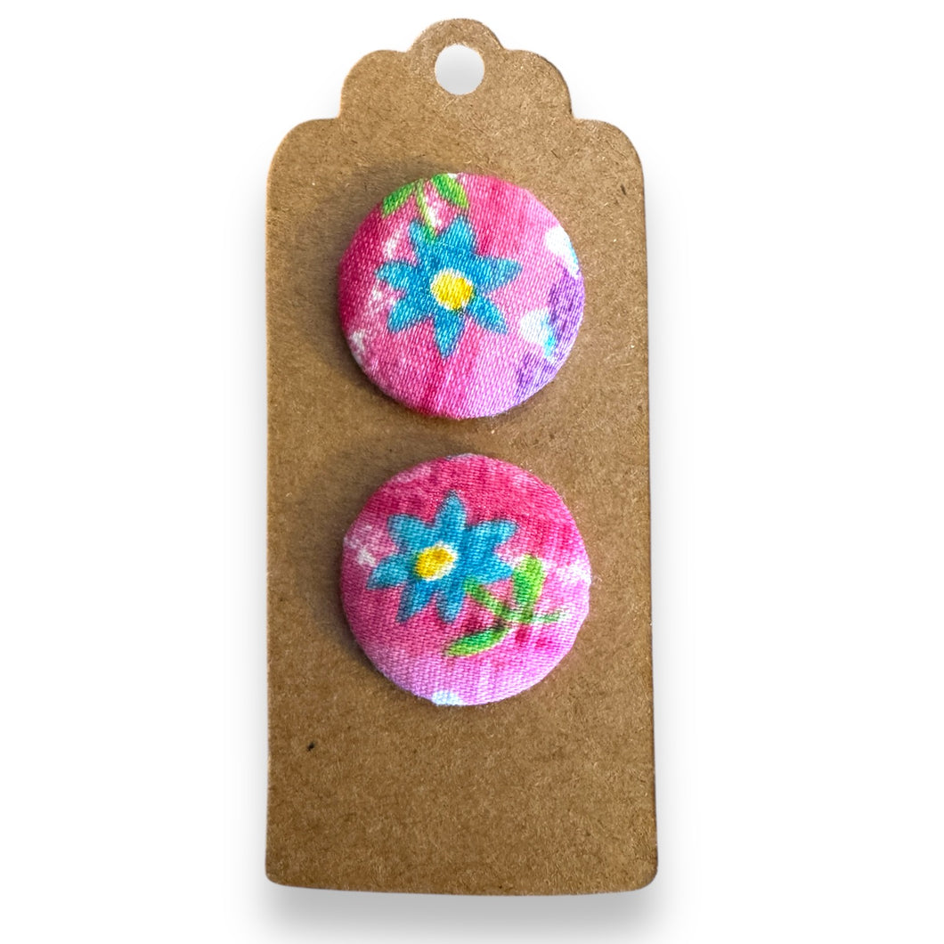 Upcycled fabric covered stud earrings with stainless steel posts - pink & blue floral
