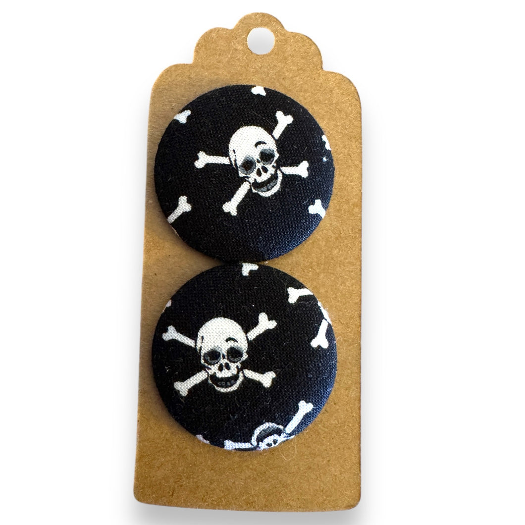 Upcycled fabric covered stud earrings with stainless steel posts - skull & crossbones