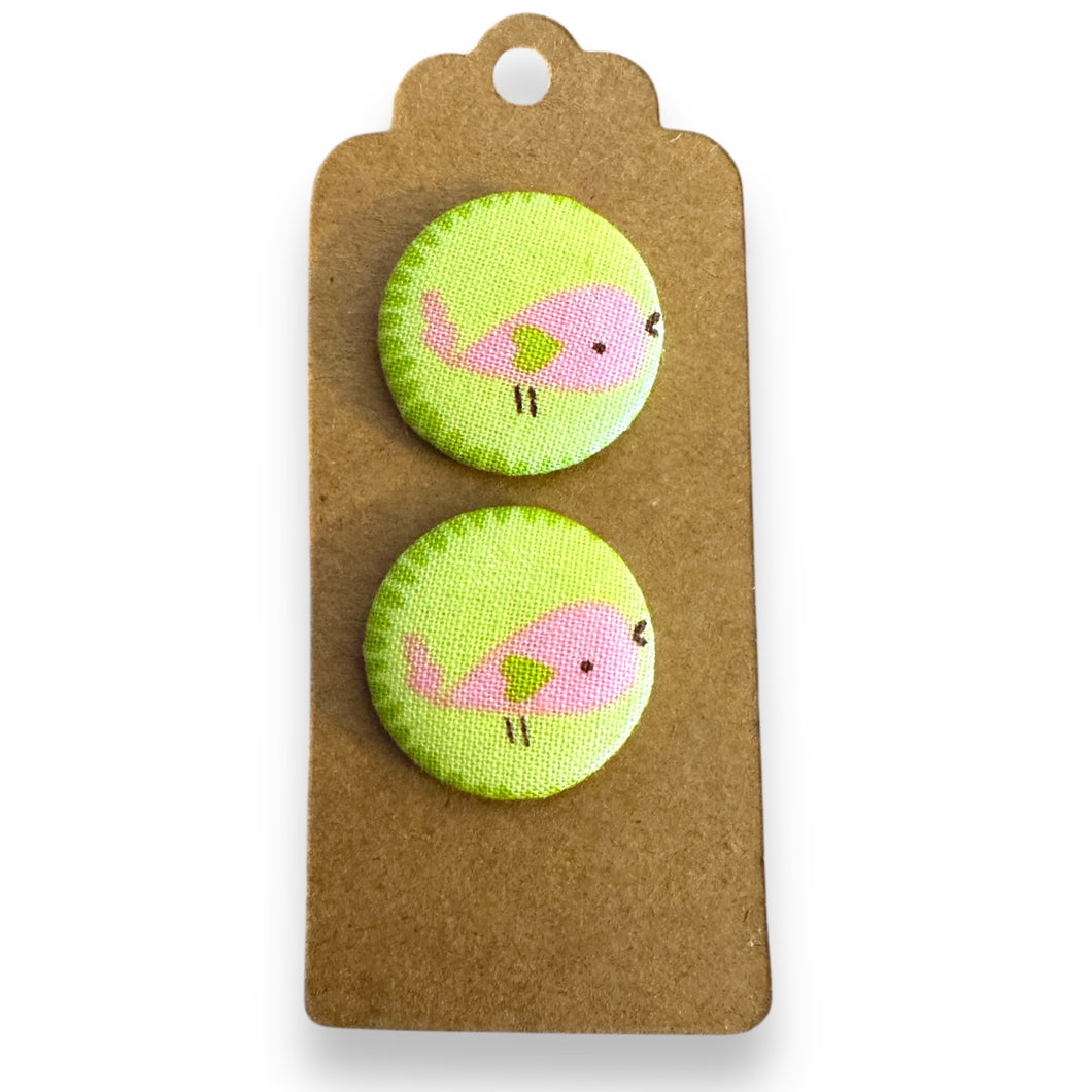 Upcycled fabric covered stud earrings with stainless steel posts - pink birdies