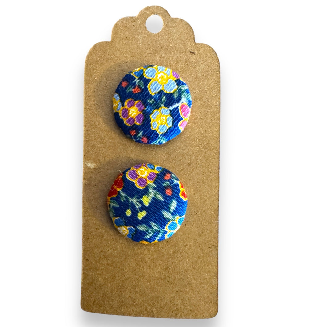 Upcycled fabric covered stud earrings with stainless steel posts - navy florals