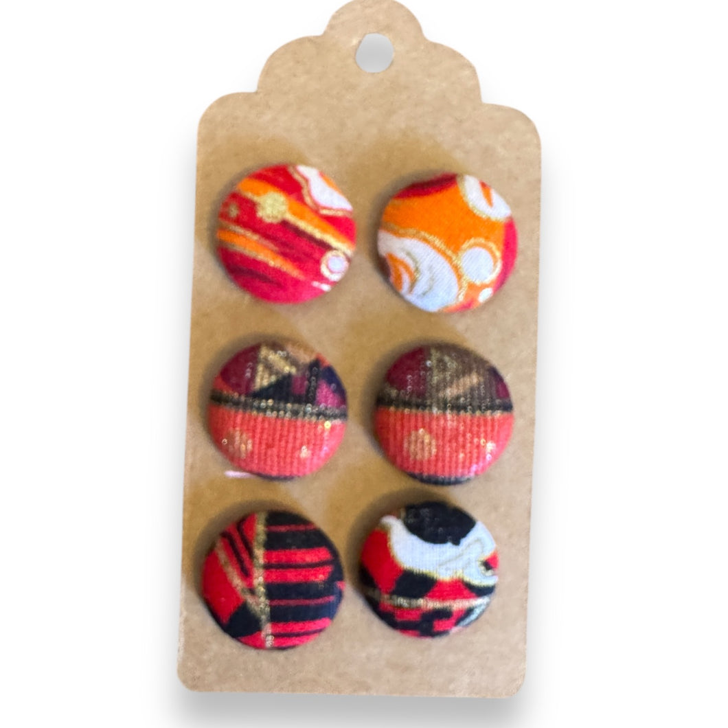 Upcycled fabric covered stud earrings with stainless steel posts - Set of 3 ruby reds