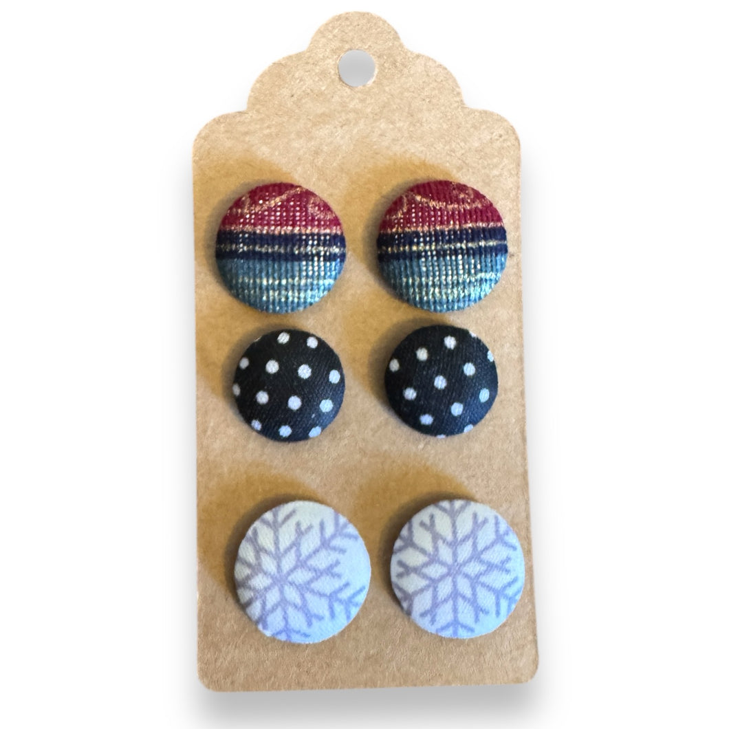 Upcycled fabric covered stud earrings with stainless steel posts - Set of 3 subtle classics