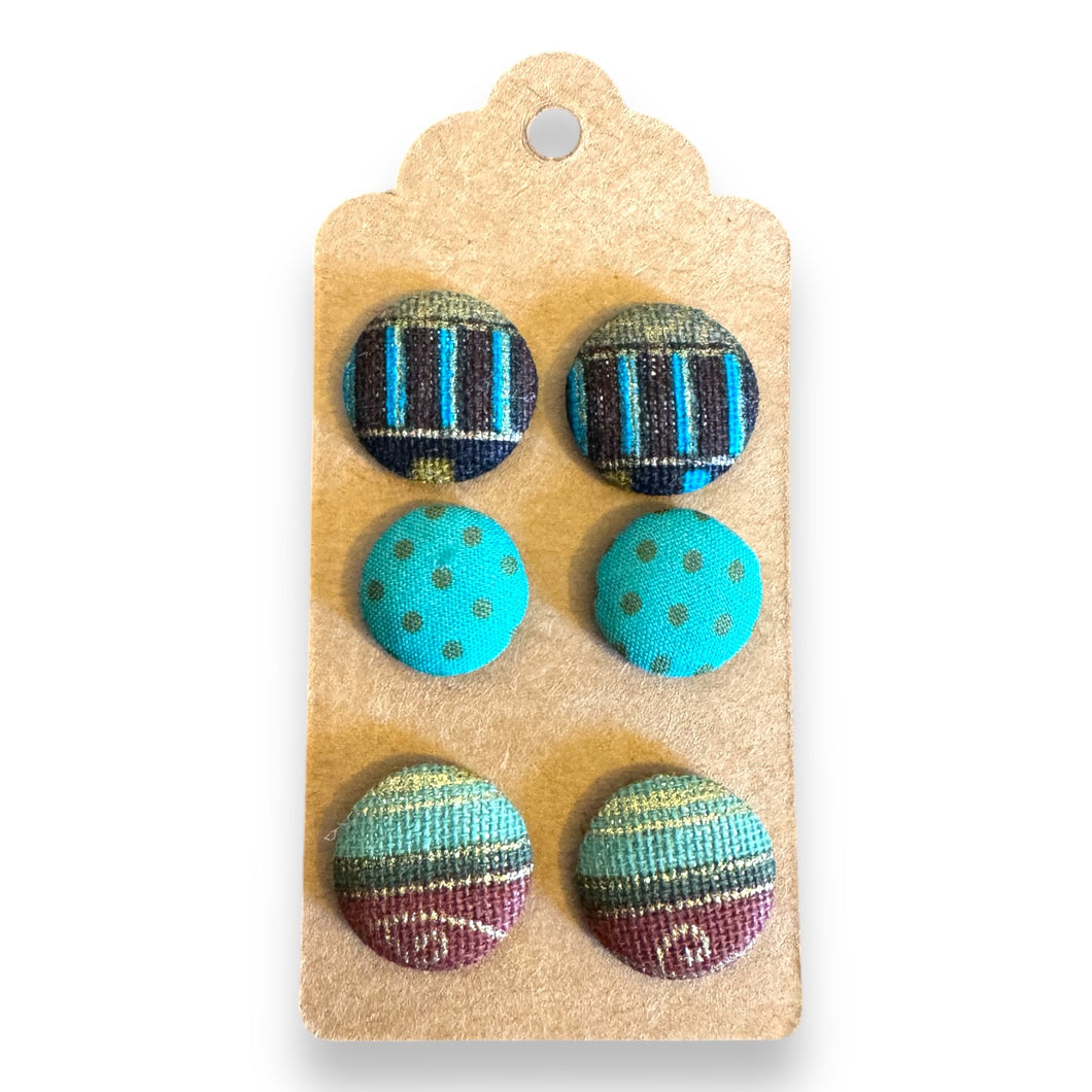 Upcycled fabric covered stud earrings with stainless steel posts - Set of 3 sparkle greens